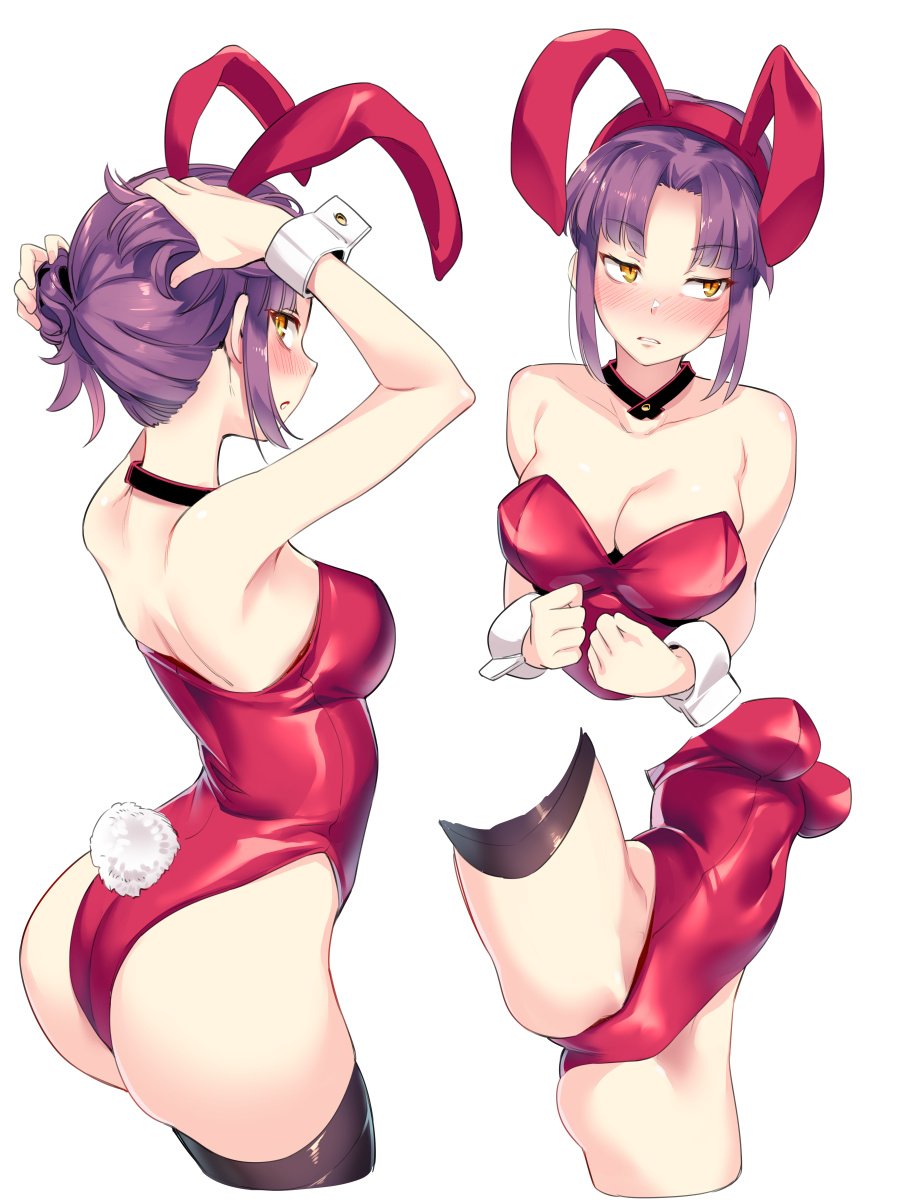 1girl animal_ears ass asutora bangs black_choker black_legwear blush breasts bunny_day bunny_ears bunny_girl bunny_tail bunnysuit choker cleavage closed_mouth commentary_request copyright_request embarrassed eyebrows_visible_through_hair fake_animal_ears fake_tail hair_bun hairband highres leotard looking_away medium_breasts multiple_views parted_bangs purple_hair red_hairband red_leotard sidelocks simple_background spread_legs standing tail thighhighs white_background wrist_cuffs yellow_eyes