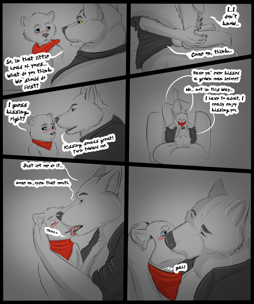 anthro blue_eyes blush camp_de_loup canine clothing comic cub dialog dog english_text french_kissing gay gloebis kissing licking male mammal scarf text tongue wolf yellow_eyes young