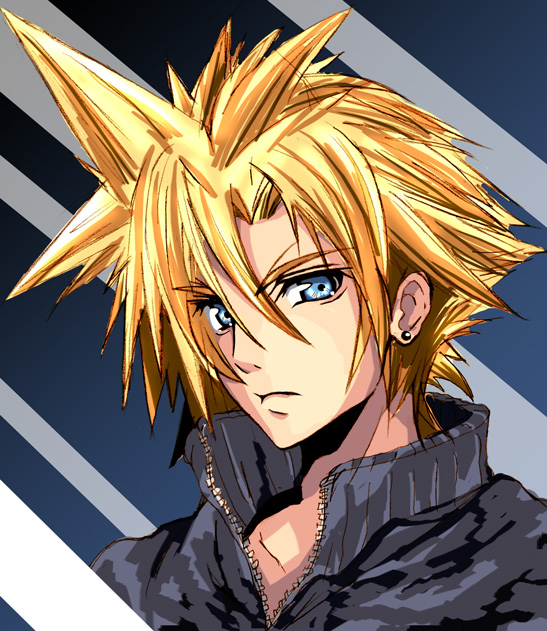 1boy bad_moon blonde_hair blue_eyes cloud_strife earrings final_fantasy final_fantasy_vii jewelry looking_at_viewer male male_focus solo spiked_hair