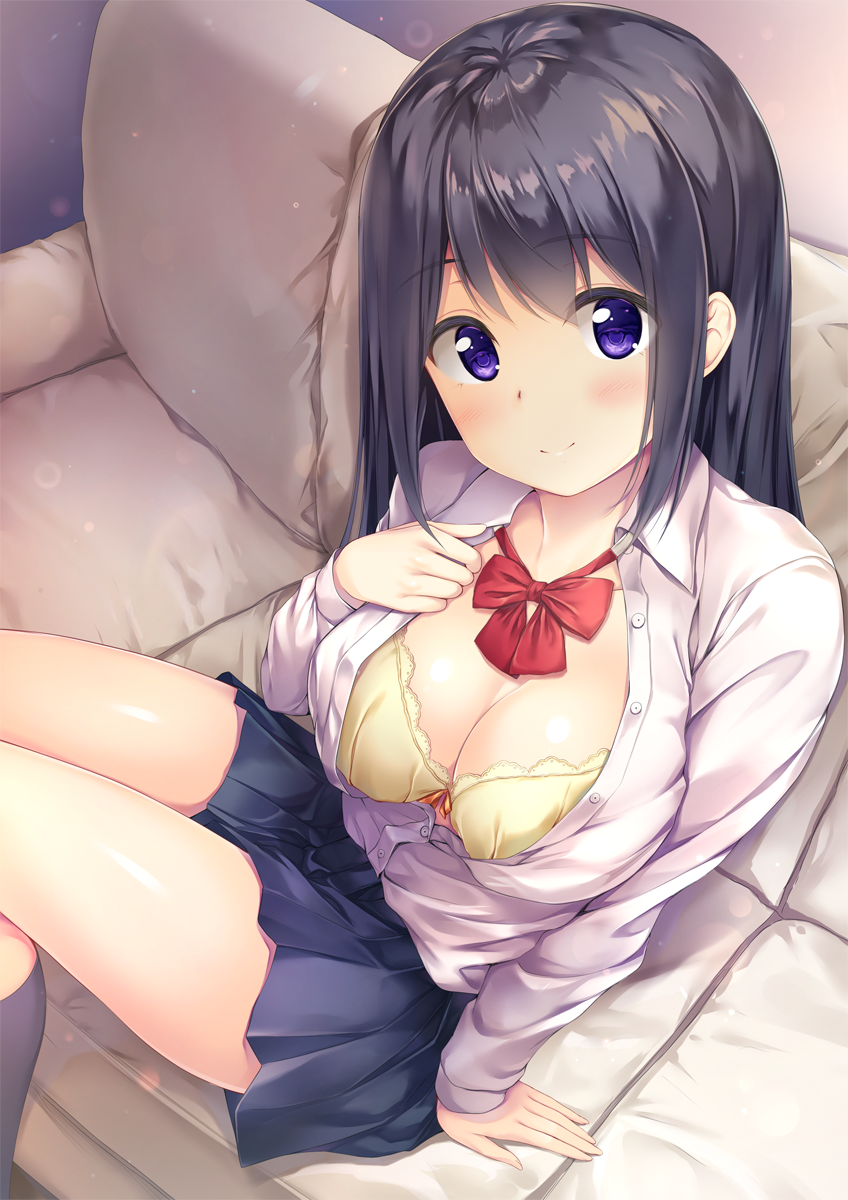 1girl arm_support bangs black_hair black_legwear blue_eyes blue_skirt blush bow bow_bra bowtie bra breasts buttons cleavage closed_mouth collarbone collared_shirt commentary_request couch eyebrows_visible_through_hair from_above hand_up highres kneehighs lace lace-trimmed_bra large_breasts long_hair long_sleeves looking_at_viewer miniskirt on_couch open_clothes open_shirt original partially_unbuttoned pasdar pleated_skirt red_neckwear school_uniform shirt shirt_tucked_in sidelocks sitting skirt smile solo tareme thighs underwear white_shirt yellow_bra