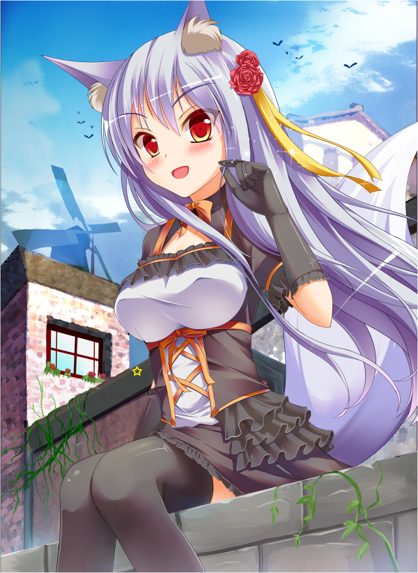 adjusting_hair animal_ears black_gloves black_legwear blush breasts cloud day flower gloves hair_flower hair_ornament large_breasts lavender_hair long_hair looking_at_viewer open_mouth original plant red_eyes sitting sky solo tail takataka thighhighs vines windmill