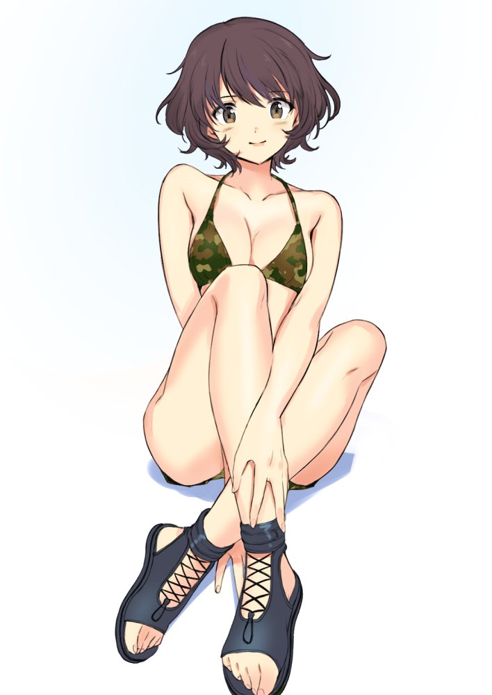 1girl akiyama_yukari bangs between_legs bikini bikini_shorts black_footwear breasts brown_eyes brown_hair camouflage camouflage_bikini cleavage closed_mouth collarbone commentary full_body girls_und_panzer green_bikini hand_between_legs legs legs_crossed light_blush lips looking_at_viewer medium_breasts messy_hair open_toe_shoes sandals short_hair shorts simple_background sitting smile solo swimsuit ukamaru white_background