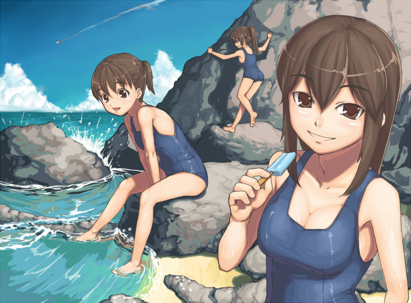 barefoot beach breasts brown_eyes brown_hair child cleavage cliff condensation_trail day food medium_breasts multiple_girls ocean one-piece_swimsuit original outdoors ponytail popsicle ripples rock sajipen school_swimsuit sitting soaking_feet splashing sweat swimsuit water