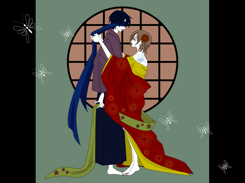 1girl barefoot blue_hair blue_scarf brown_hair bug butterfly couple flower haruichi_(haru123) hetero insect japanese_clothes kaito kimono meiko pillarboxed round_window scarf short_hair tattoo vocaloid window