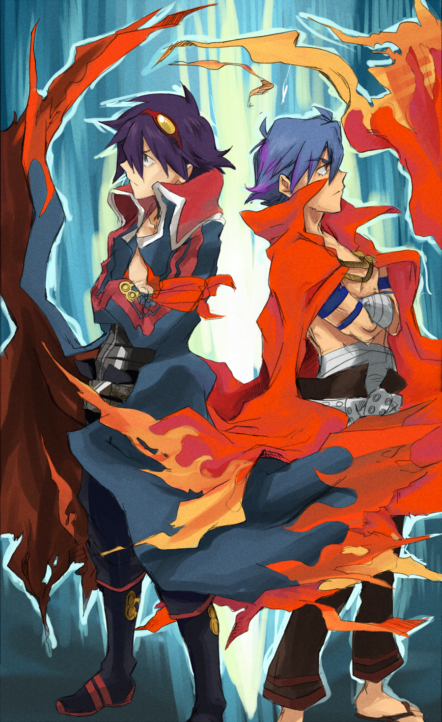 back-to-back bandages blue_hair bodypaint cape crossed_arms goggles goggles_on_head highres kamina male_focus shirtless simon solo tehryu tengen_toppa_gurren_lagann