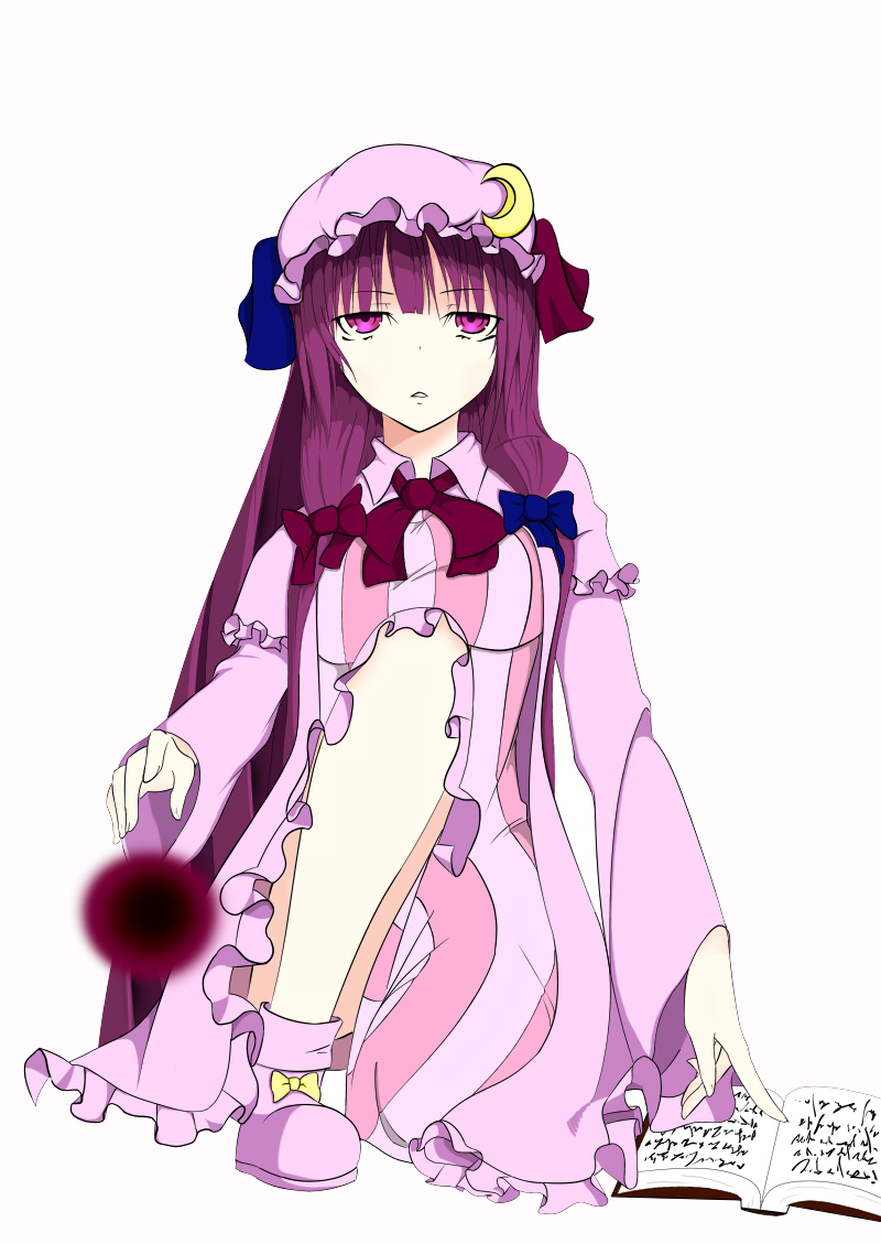 book bow crescent crescent_hair_ornament danmaku dress energy_ball full_body hair_bow hair_ornament hat long_hair milaria mob_cap one_knee open_mouth pajamas patchouli_knowledge pointing purple_eyes purple_hair shoes simple_background solo striped striped_dress touhou white_background