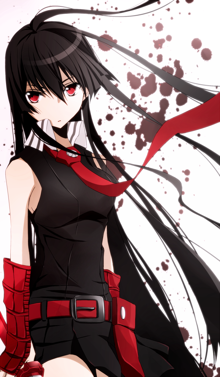 akame akame_ga_kill! belt black_hair cowboy_shot highres inkblot katana long_hair looking_at_viewer necktie red_eyes skirt sleeveless solo sword tsukimori_usako vambraces very_long_hair weapon