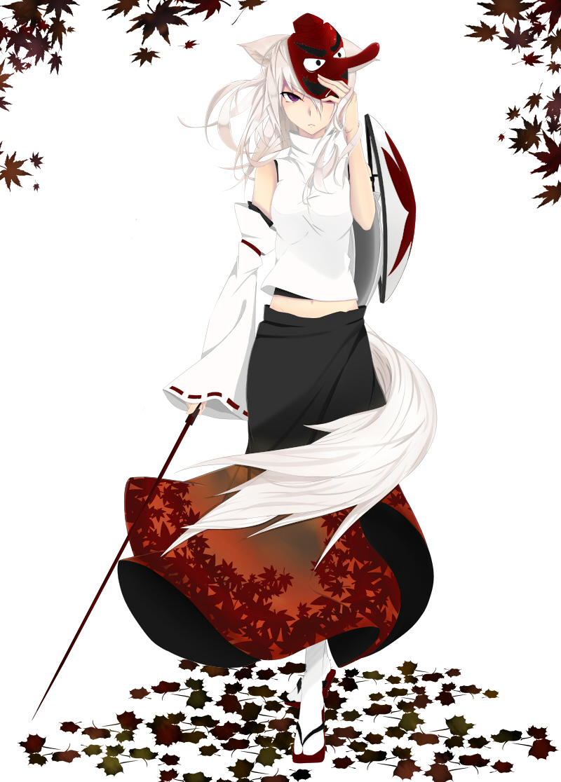 animal_ears autumn_leaves bare_shoulders breasts detached_sleeves geta inubashiri_momiji leaf long_hair looking_at_viewer mask medium_breasts midriff milaria navel purple_eyes shield silver_hair simple_background solo sword tail tengu_mask touhou weapon white_background wolf_ears wolf_tail