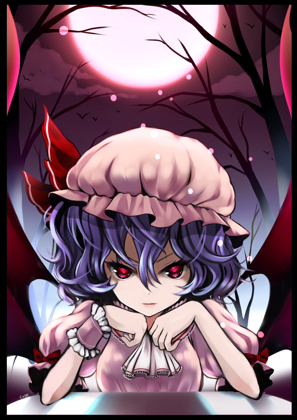 ascot bad_id bad_pixiv_id bat_wings dress full_moon hat highres lips looking_at_viewer maryquant moon purple_hair red_eyes red_moon remilia_scarlet short_hair short_sleeves smile solo touhou wings wrist_cuffs