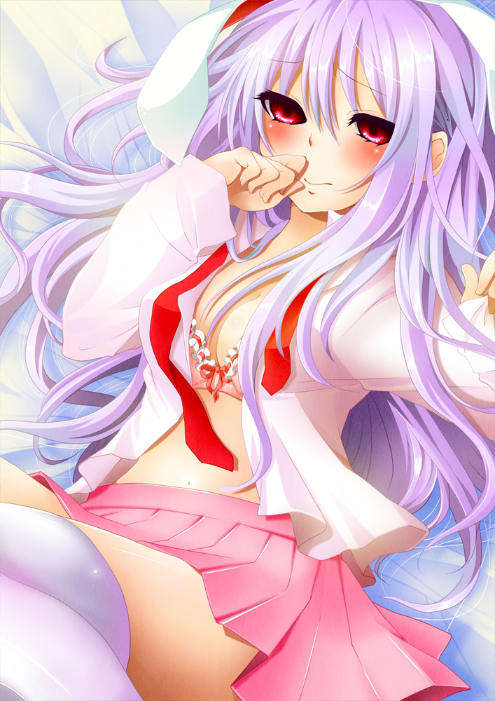 animal_ears blush bra breasts bunny_ears cleavage embarrassed hand_to_own_mouth lavender_hair lingerie long_hair lying medium_breasts midriff navel on_back open_clothes open_shirt pink_bra pink_eyes pleated_skirt red_eyes reisen_udongein_inaba sakurako_(moutan) shirt skirt solo thighhighs touhou underwear white_legwear