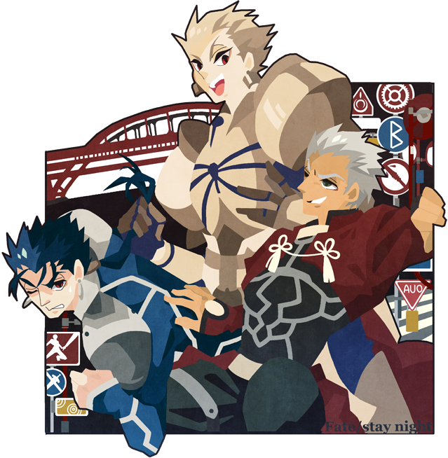 archer armor bad_id bad_pixiv_id blonde_hair blue_hair fate/stay_night fate_(series) gilgamesh hair_slicked_back kuroihato lancer multiple_boys no_outlines red_eyes transparent_background white_hair