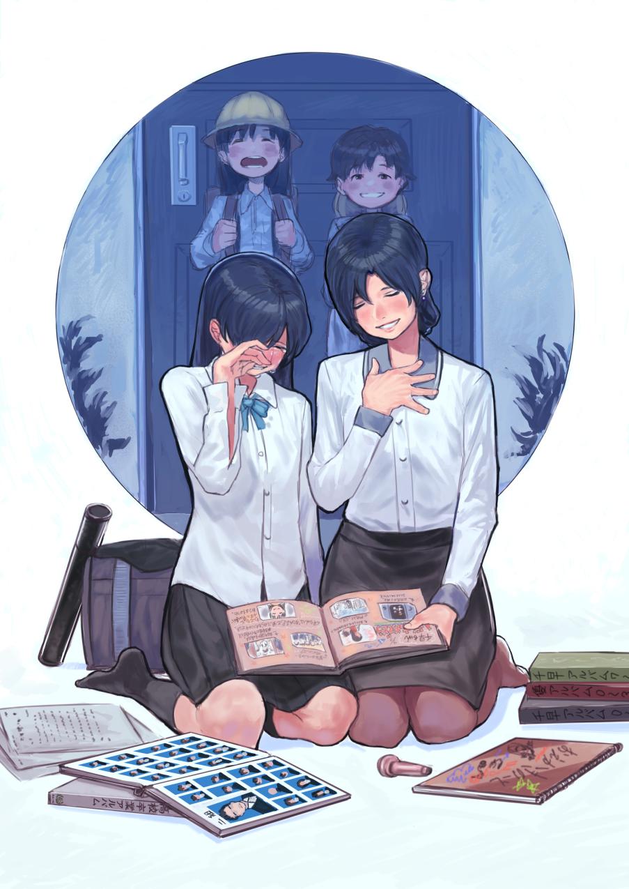 2girls arm_at_side backpack bag bangs black_hair black_legwear black_skirt blouse blue_neckwear blush book book_stack bow bowtie brother_and_sister brown_legwear bukimi_isan child closed_eyes collar collared_shirt commentary door dress_shirt earrings family flat_chest full-face_blush grin hand_on_own_chest hat hat_removed headwear_removed highres holding holding_strap idolmaster idolmaster_(classic) jewelry kisaragi_chigusa kisaragi_chihaya kisaragi_yuu_(idolmaster) kneehighs kneeling long_hair long_sleeves memory miniskirt mother_and_daughter multiple_girls no_shoes notepad one_eye_covered pantyhose paper pencil_skirt photo_(object) photo_album pleated_skirt school_hat school_uniform seiza shirt siblings sitting skirt smile sobbing spoilers standing straight_hair suspender_skirt suspenders swept_bangs tears untucked_shirt updo white_blouse wiping_tears yellow_hat younger