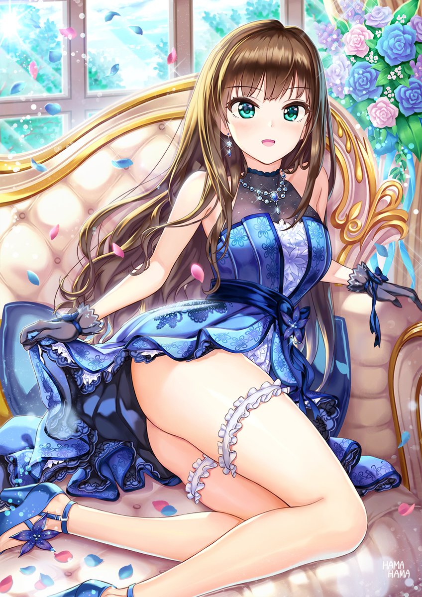 1girl aqua_eyes artist_name ass bangs bare_shoulders blue_dress blue_footwear blue_gloves blush breasts brown_hair couch dress earrings eternal_bloom_(idolmaster) eyebrows_visible_through_hair flower frilled_dress frills gloves hhama high_heels highres idolmaster idolmaster_cinderella_girls idolmaster_cinderella_girls_starlight_stage jewelry lace lace_gloves leg_garter legs light_rays long_hair looking_at_viewer necklace open_mouth petals rose shibuya_rin skirt skirt_lift small_breasts smile solo sunbeam sunlight thighs tsurime window