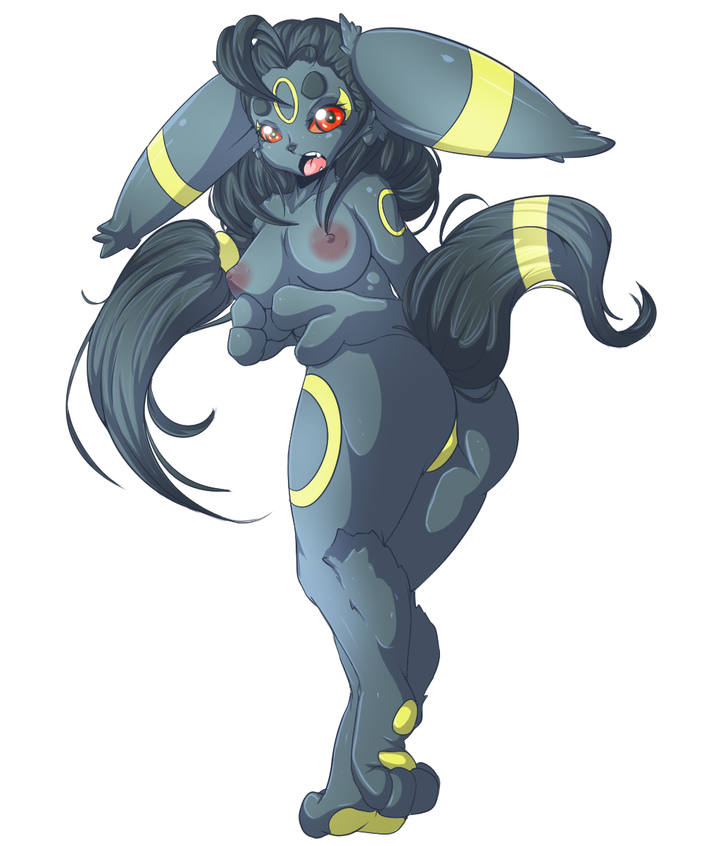 2014 anthro anthrofied areola black_hair breasts butt eeveelution female fur hair looking_at_viewer nintendo nipples open_mouth plain_background pok&eacute;mon pok&eacute;morph red_eyes solo standing suddenhack teeth tongue umbreon video_games white_background