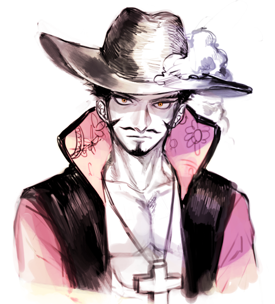 1boy chinstrap crossed_arms dracule_mihawk hat hat_feather jewelry lining male male_focus necklace one_piece open_clothes open_shirt popped_collar shichibukai shirt solo yamsong yellow_eyes