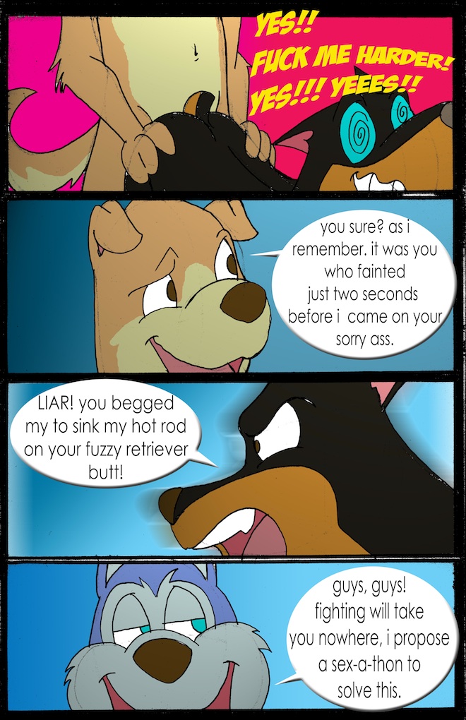 anthro blitz butt canine comic doberman dog exile fur gay golden_retriever group hunter_(road_rovers) husky joe_sanchez male mammal muscles nude road_rovers