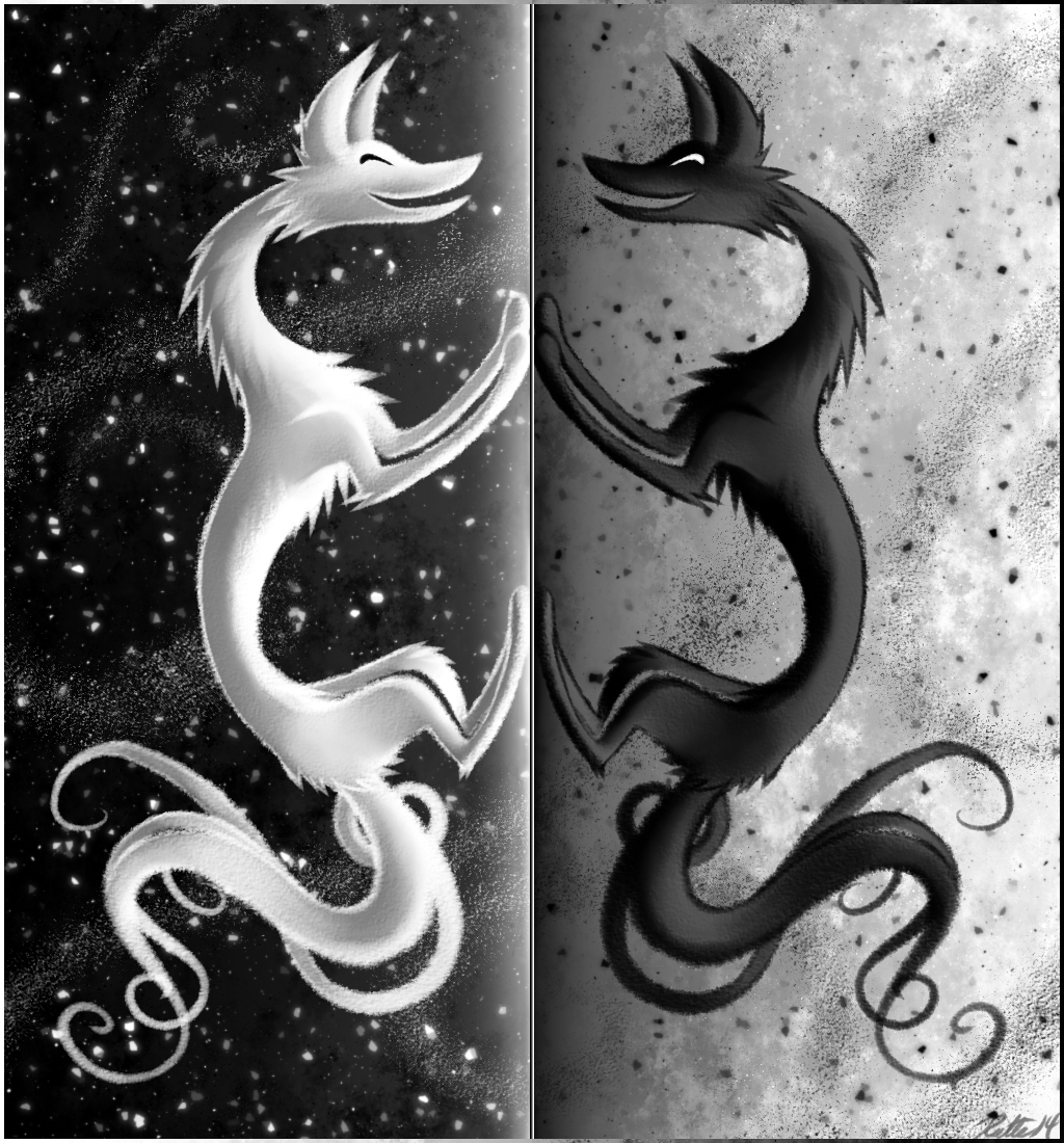 2014 abstract_background black_and_white black_fur canine duo fox foxcat fur grey_fur greyscale mammal monochrome ratte smile spirit stars white_fur