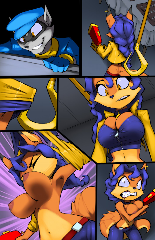 2014 anthro areola big_breasts breasts canine carmelita_fox cleavage clothed clothing comic erect_nipples female fox gun hook male mammal nipples raccoon rage rageface ranged_weapon sly_cooper sly_cooper_(series) thefuckingdevil topless weapon