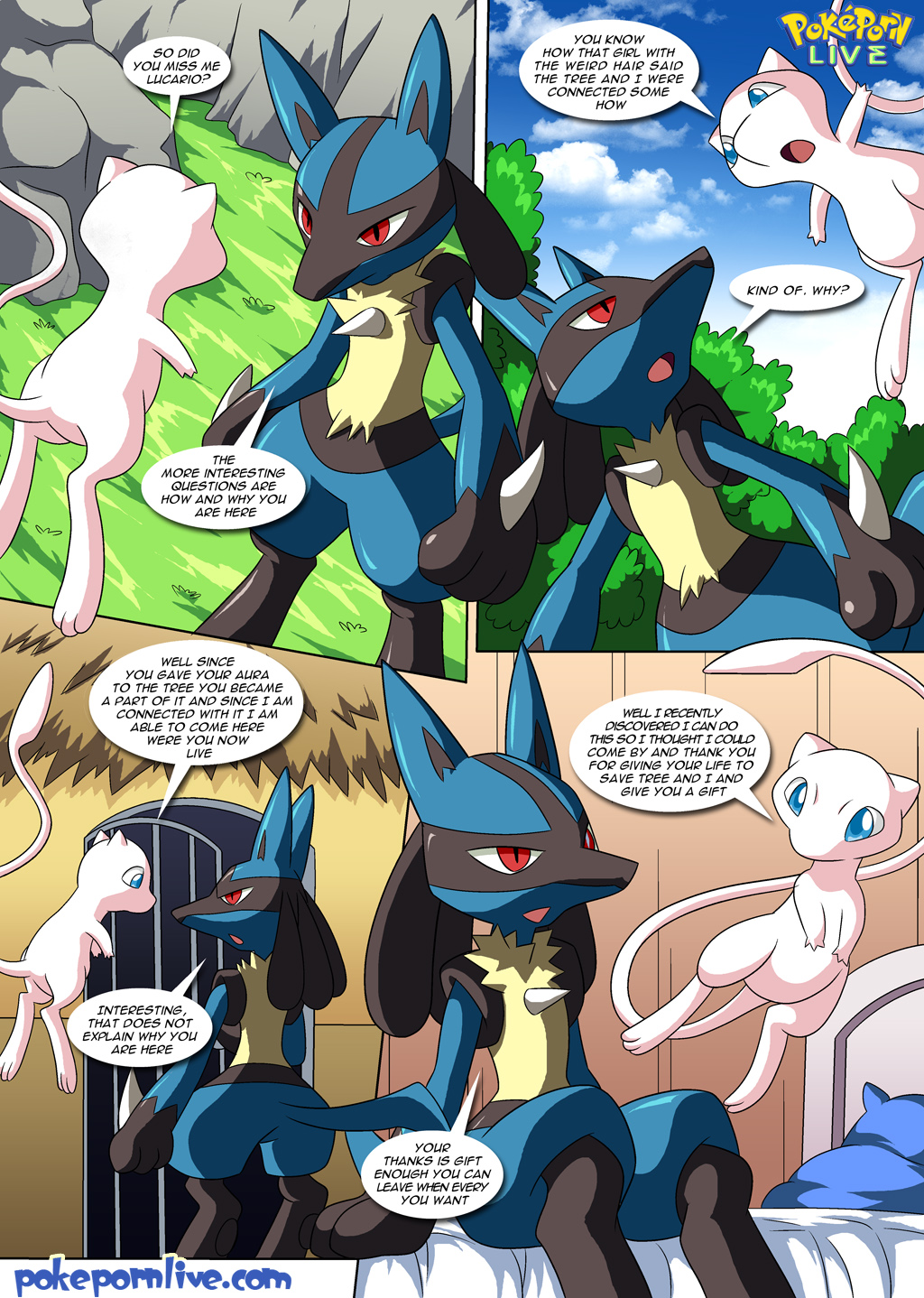 ambiguous_gender bbmbbf bed bedroom blue_eyes blue_fur canine comic dialog english_text feline forest fur house lucario male mammal mew mountain nintendo palcomix palcomix_team pillow pink_fur pok&eacute;mon pokepornlive red_eyes sitting standing text tree video_games