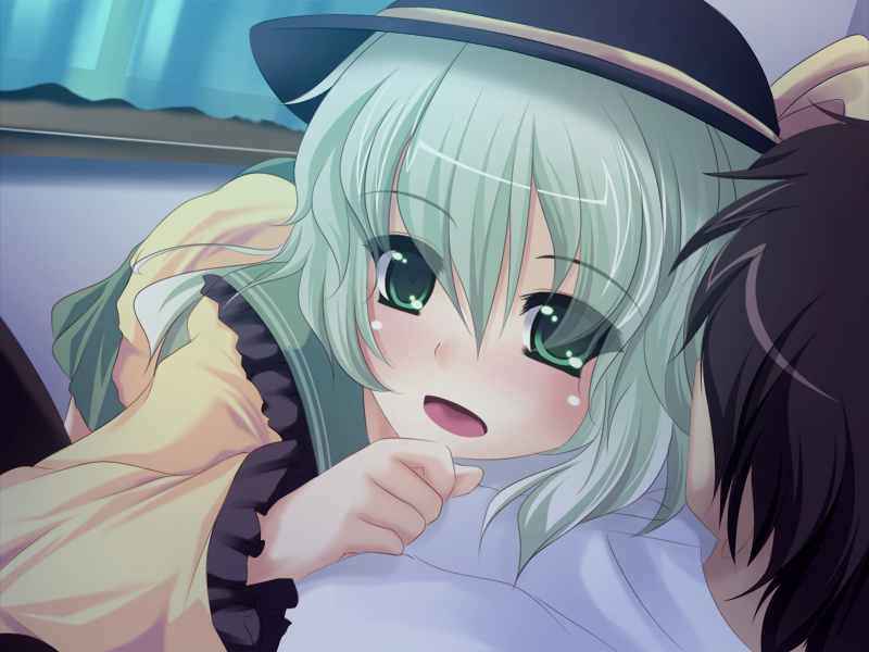 1girl bad_id bad_pixiv_id black_hair blush curtains faceless faceless_male girl_on_top green_eyes green_hair hat komeiji_koishi long_hair onsen_tamago_(nurumayu_onsen) open_mouth skirt skirt_set smile touhou