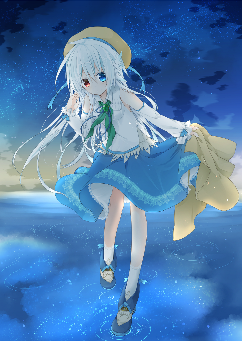 1girl breasts full_body hat heterochromia highres long_hair looking_at_viewer nana_kusun neckerchief night night_sky original ripples skirt skirt_lift sky small_breasts solo standing standing_on_water star_(sky) starry_sky very_long_hair white_hair