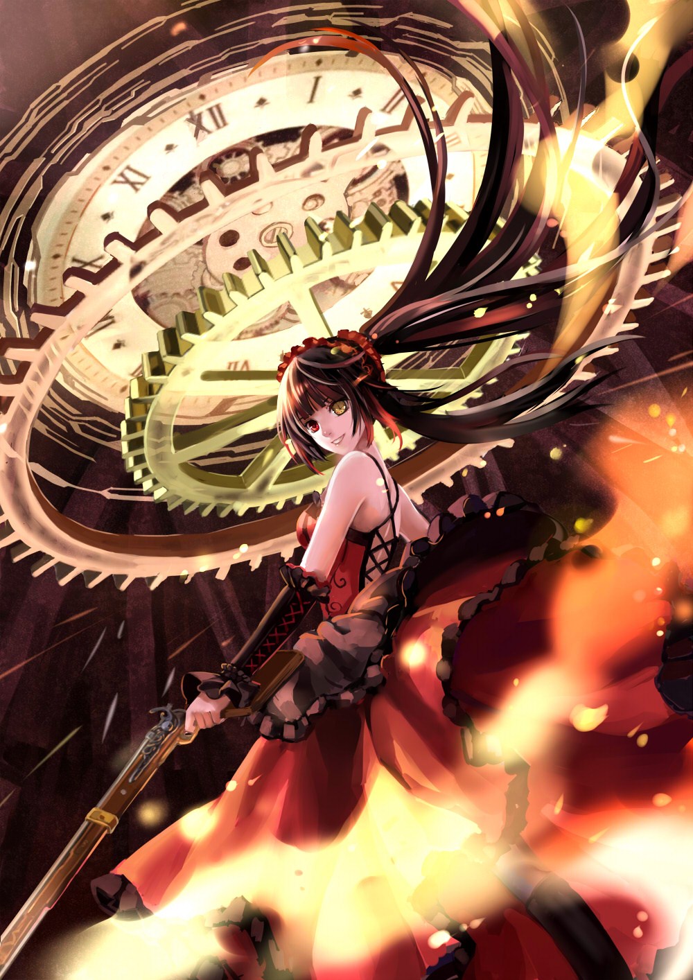 1girl back backless bare_shoulders black_hair boots breasts clock clock_eyes date_a_live dress fire gothic gun hairband highres lolita_fashion lolita_hairband long_hair long_skirt looking_at_viewer looking_back medium_breasts monogo red_eyes skirt smile solo standing symbol-shaped_pupils tokisaki_kurumi twintails very_long_hair weapon wind yellow_eyes