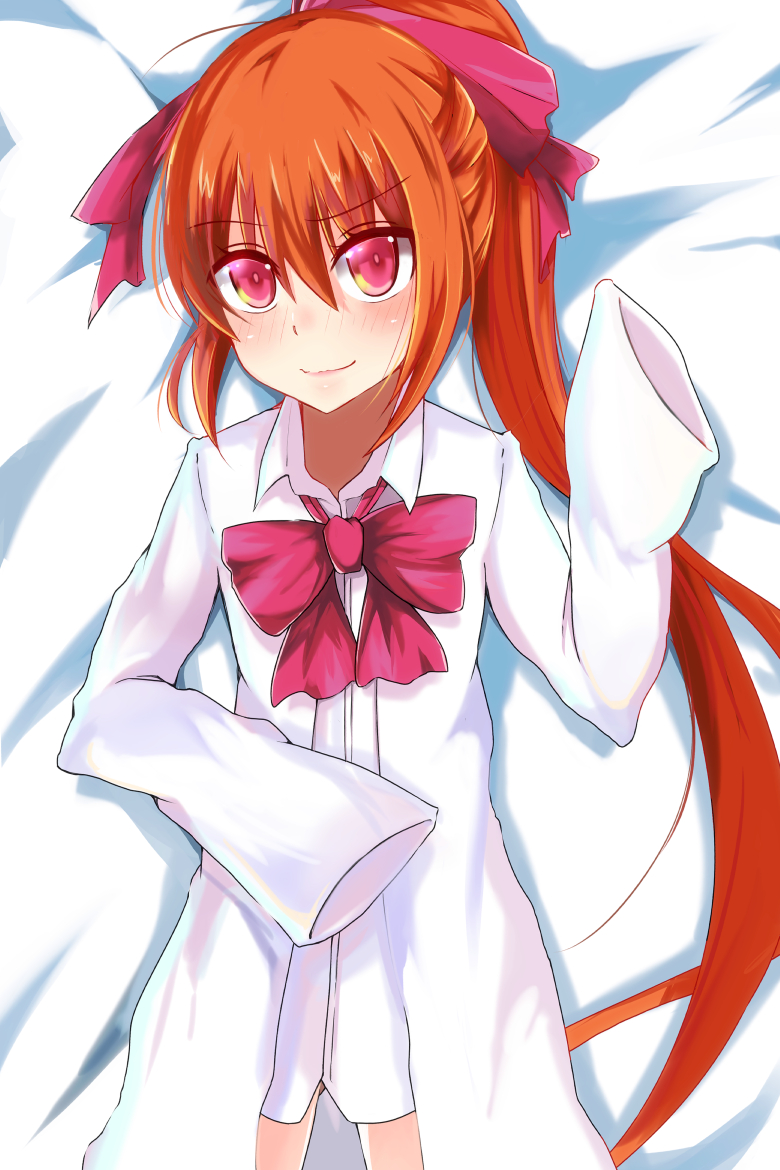 bad_id bad_pixiv_id bathrobe bed blush bow koenza_botoke long_hair long_sleeves looking_at_viewer lying ole_tower on_back ponytail red_eyes red_hair shirt solo water_pump_pliers_(ole_tower)