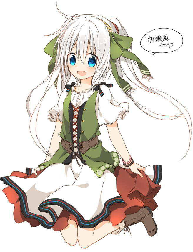 blue_eyes boots cross-laced_footwear full_body lace-up_boots long_hair looking_at_viewer nana_kusun original ponytail solo traditional_clothes white_background white_hair