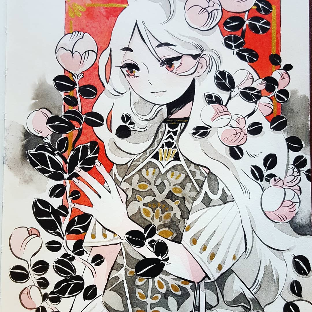 1girl expressionless eyebrows_visible_through_hair eyes_visible_through_hair flower hand_up leaf limited_palette long_hair looking_down maruti_bitamin original patterned_clothing pink_flower plant red_eyes short_sleeves solo upper_body white_hair