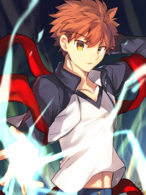 1boy brown_eyes brown_hair collarbone emiya_shirou eyebrows_visible_through_hair fate/stay_night fate_(series) hair_between_eyes jacket long_sleeves looking_at_viewer male_focus midriff nikame open_clothes open_jacket outstretched_arm parted_lips shirt solo spiked_hair stomach upper_body white_shirt