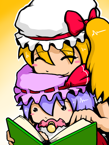 baby book closed_eyes flandre_scarlet hat multiple_girls pacifier remilia_scarlet ribbon role_reversal sho_(shirojiro_kuroguro) side_ponytail time_paradox touhou wings younger