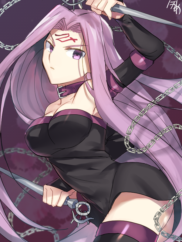 1girl arm_up black_dress black_legwear breasts chains cleavage collar dress facial_mark fate/stay_night fate_(series) floating_hair holding holding_weapon long_hair looking_at_viewer medium_breasts nikame parted_lips pink_hair purple_eyes rider short_dress sleeveless sleeveless_dress solo strapless strapless_dress thighhighs v-shaped_eyebrows very_long_hair weapon zettai_ryouiki