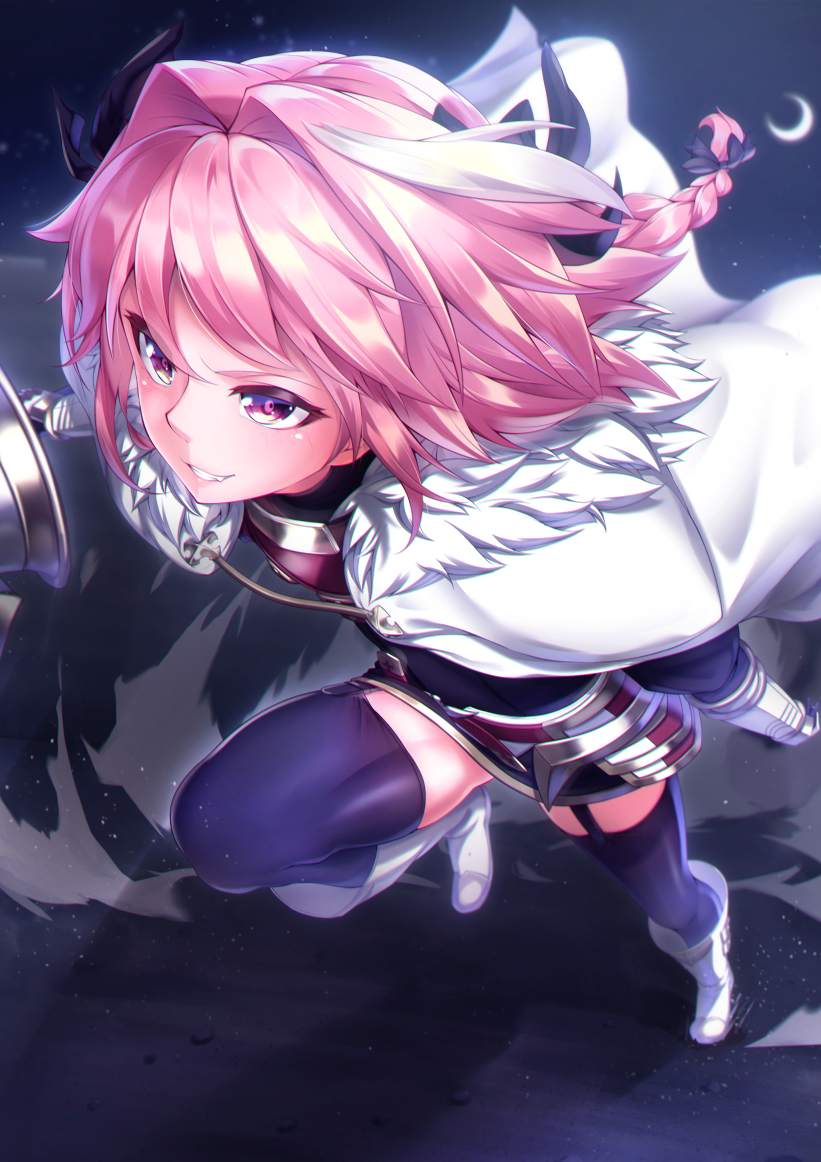 1boy astolfo_(fate) bangs black_bow black_legwear black_ribbon black_skirt boots bow braid cloak commentary_request crescent_moon fang fate/apocrypha fate_(series) faulds foreshortening from_above fur-trimmed_cloak fur_collar fur_trim garter_straps gauntlets hair_intakes hair_ribbon holding holding_weapon knee_boots lance leg_up long_hair long_sleeves looking_away male_focus moon multicolored_hair pink_hair polearm purple_eyes ribbon running shiny shiny_hair single_braid skirt solo streaked_hair takatun223 thighhighs trap weapon white_cloak white_footwear white_hair