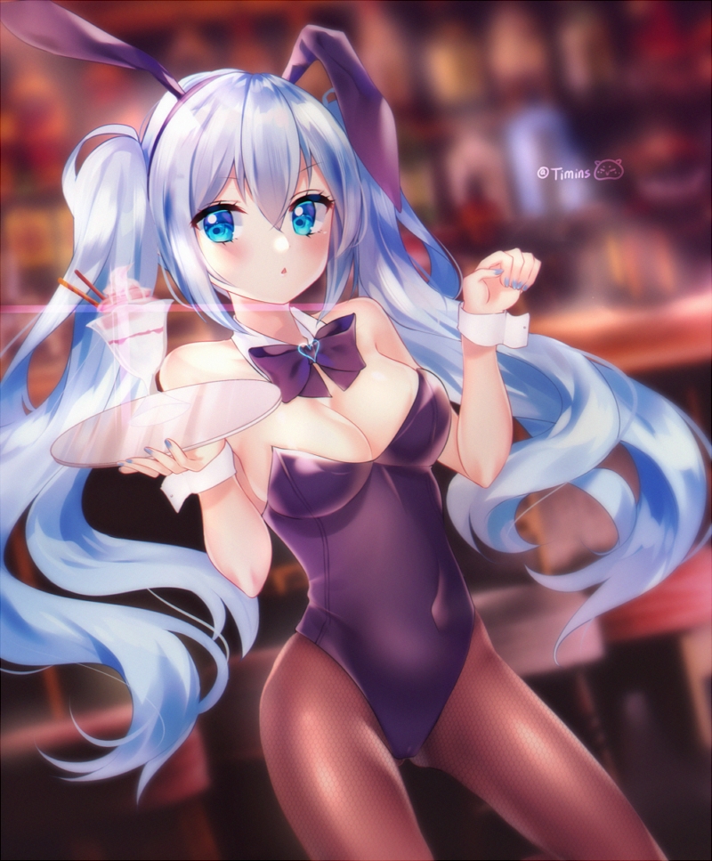 1girl animal_ears artist_name blue_eyes blue_hair blurry blurry_background blush bow bowtie breasts bunny_ears bunnysuit cleavage collar covered_navel cowboy_shot dutch_angle food hair_between_eyes hatsune_miku ice_cream leotard long_hair looking_at_viewer medium_breasts nail_polish pantyhose paw_pose sidelocks solo sundae timins tray twintails very_long_hair vocaloid wrist_cuffs