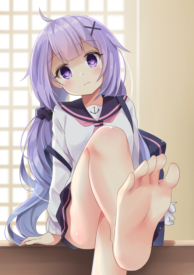 1girl agung_syaeful_anwar anchor_symbol arm_support azur_lane bag bangs bare_legs barefoot black_sailor_collar black_scrunchie black_skirt blurry blurry_background blush closed_mouth commentary depth_of_field eyebrows_visible_through_hair feet hair_ornament hair_scrunchie head_tilt legs long_hair long_sleeves looking_at_viewer low_twintails pleated_skirt purple_eyes purple_hair sailor_collar school_bag school_uniform scrunchie serafuku shaded_face shirt skirt soles solo toes twintails unicorn_(azur_lane) very_long_hair white_shirt window x_hair_ornament