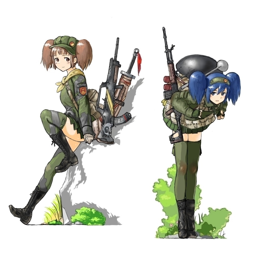 bad_id bad_pixiv_id blue_eyes blue_hair boots brown_eyes brown_hair camouflage coh commentary cross-laced_footwear flower grass green_hat green_legwear gun hairband hat lace-up lace-up_boots leaning leaning_forward leg_up long_hair long_legs long_sleeves looking_at_viewer mars_expedition military military_uniform multiple_girls open_mouth rifle rock simple_background smile strap thighhighs twintails uniform weapon weapon_request white_background zettai_ryouiki
