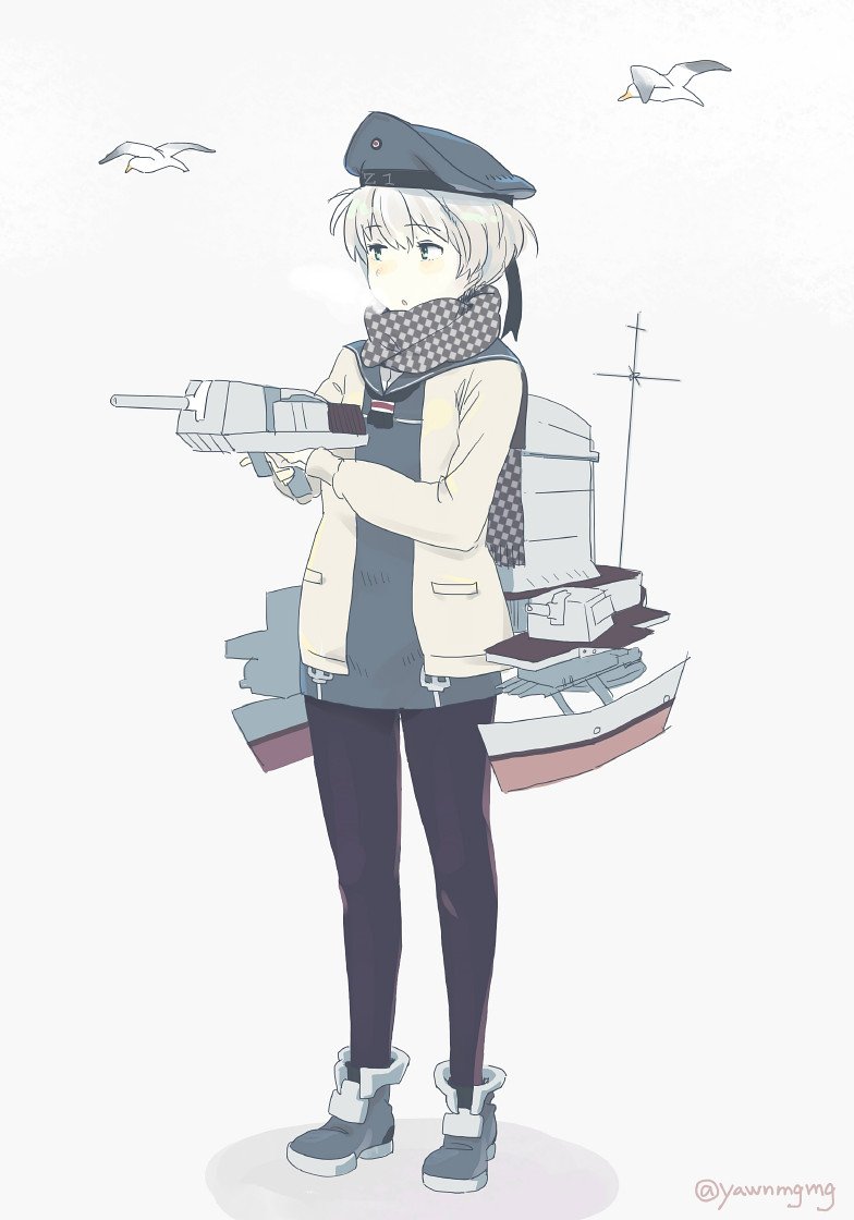 1girl :o animal bangs bird black_legwear blue_eyes blush breath clothes_writing dress eyebrows_visible_through_hair full_body hat kantai_collection long_sleeves machinery open_mouth peaked_cap rigging sailor_collar sailor_dress sailor_hat scarf seagull shadow shoes short_hair silver_hair simple_background solo standing sweater white_background you_(yawnmgmg) z1_leberecht_maass_(kantai_collection)