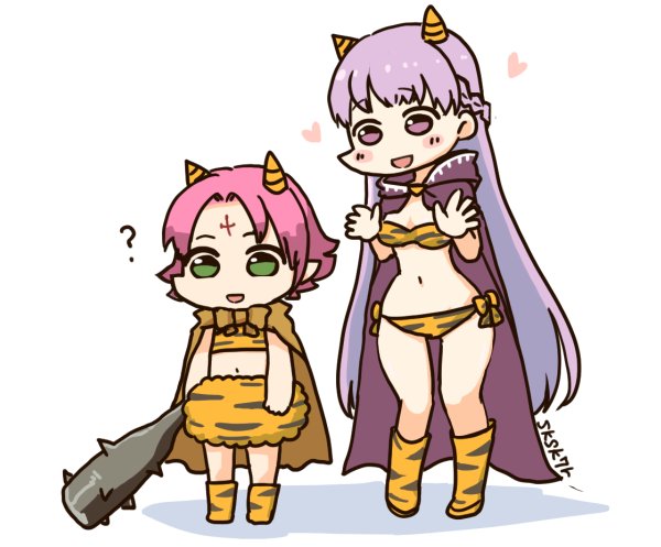 2girls alternate_costume animal_print cape club fa facial_mark fake_horns fire_emblem fire_emblem:_fuuin_no_tsurugi fire_emblem_heroes forehead_mark green_eyes holding kanabou long_hair mamkute multiple_girls nintendo oni_costume oni_horns open_mouth pointy_ears purple_eyes purple_hair short_hair simple_background sksk7r sofiya spiked_club standing tiger_print weapon white_background