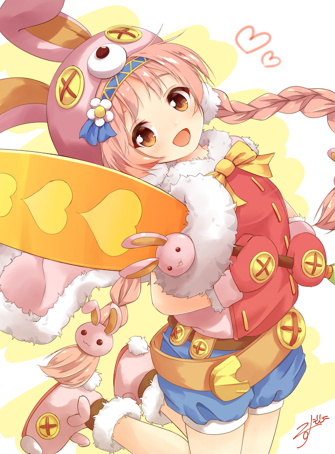 :d akane_mimi animal_ears animal_hat blue_shorts blush braid brown_eyes brown_hair bunny_ears bunny_hair_ornament bunny_hat commentary_request fur-trimmed_boots fur-trimmed_mittens fur_trim hair_ornament hat head_tilt heart holding long_hair looking_at_viewer low_twintails mittens mizutan64 open_mouth pink_footwear pink_hat pink_shirt princess_connect! princess_connect!_re:dive puffy_shorts red_mittens shirt short_shorts shorts signature smile solo twin_braids twintails very_long_hair
