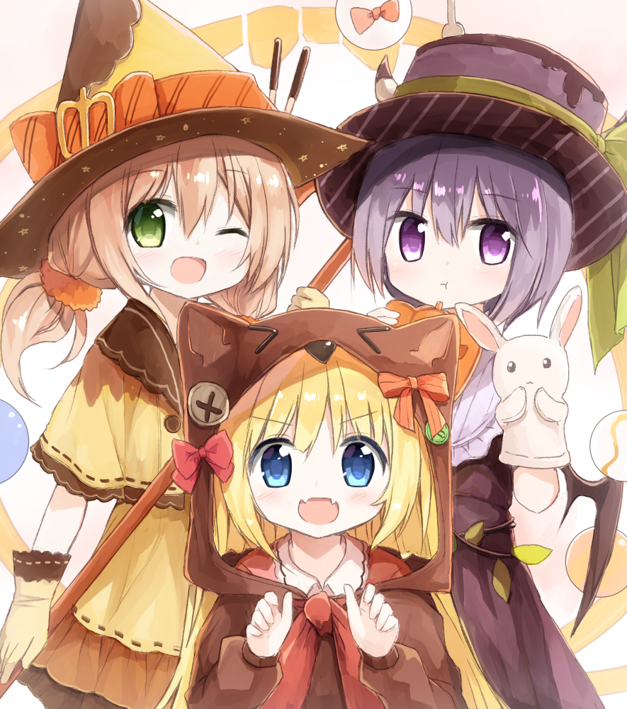 &gt;_&lt; :d :t ;d animal_costume animal_ears animal_hood bangs bat_wings black_wings blonde_hair blue_eyes blush bow brown_dress brown_gloves brown_hat brown_shirt closed_mouth collared_shirt dress eyebrows_visible_through_hair food_themed_clothes gloves green_eyes hair_between_eyes hand_puppet hands_up hat holding hood hood_up light_brown_hair long_hair multiple_girls one_eye_closed open_mouth orange_bow original pout puppet purple_eyes purple_hair purple_hat red_bow shirt short_hair smile top_hat wings witch_hat yuuhagi_(amaretto-no-natsu)