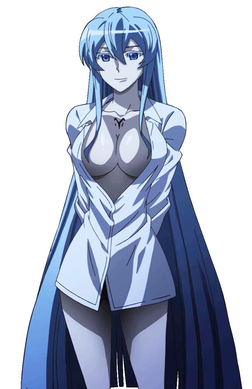 1girl akame_ga_kill! aqua_eyes aqua_hair blue_eyes blue_hair breasts cleavage colored_eyelashes dress_shirt esdeath esdese large_breasts long_hair long_sleeves looking_at_viewer naked_shirt no_bra shirt simple_background solo standing stitched tattoo thighs very_long_hair white_background