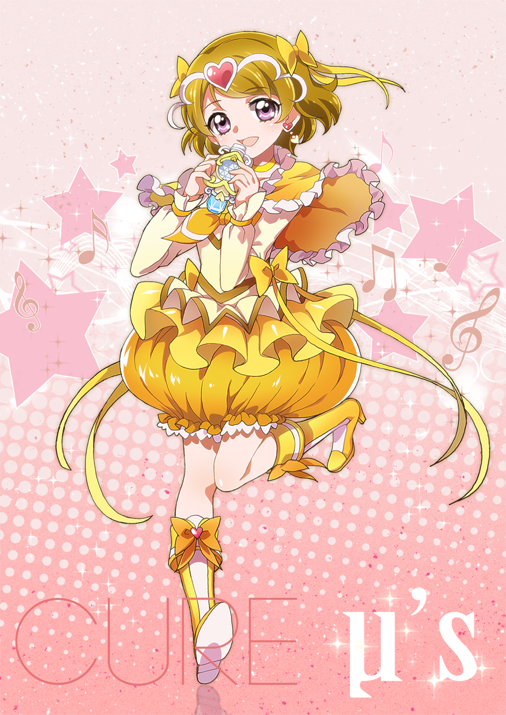 beamed_eighth_notes boots bow brown_hair bubble_skirt choker circlet cosplay cure_muse_(yellow) cure_muse_(yellow)_(cosplay) earrings eighth_note frills full_body hair_bow heart highres hoshi_(xingspresent) jewelry knee_boots koizumi_hanayo love_live! love_live!_school_idol_project magical_girl musical_note pink_background precure purple_eyes quarter_note ribbon short_hair sixteenth_note skirt smile solo star suite_precure tiry treble_clef yellow_bow yellow_choker yellow_skirt