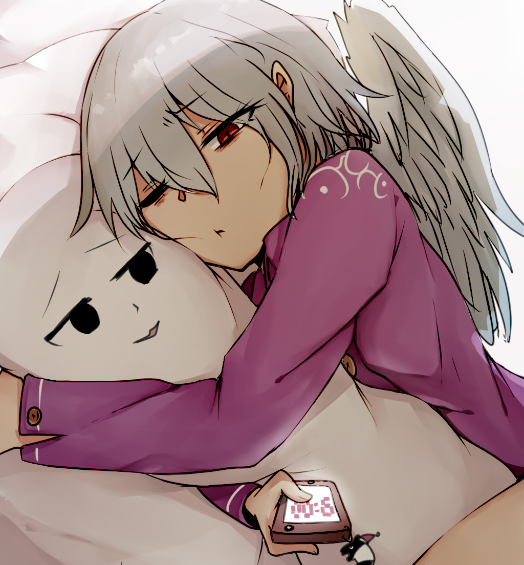 ;t bangs bed_sheet cellphone chinese_commentary commentary_request doremy_sweet doremy_sweet_(baku) dress eyebrows_visible_through_hair eyelashes eyes_visible_through_hair feathered_wings hair_between_eyes holding holding_phone jiuliu3 keychain kishin_sagume long_sleeves lying one_eye_closed phone pillow pillow_hug purple_dress red_eyes shadow short_hair silver_hair single_wing smartphone solo touhou upper_body white_wings wings