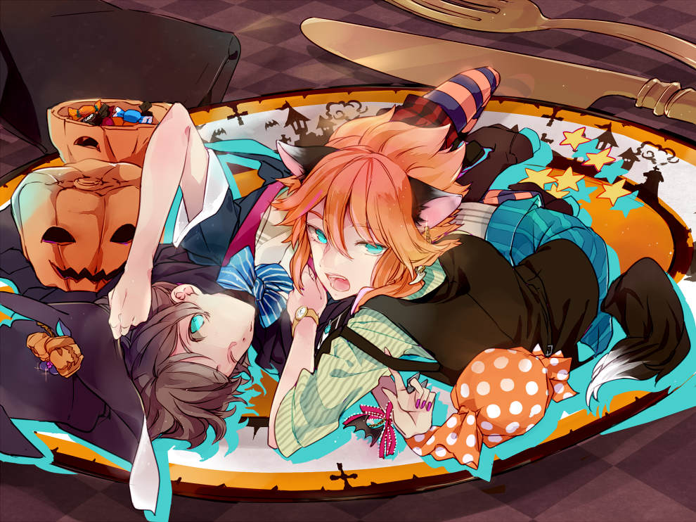 amemiya_taiyou animal_ears bat blue_eyes boots bow bowtie brown_hair candy earrings food fork hair_between_eyes halloween hat inazuma_eleven_(series) inazuma_eleven_go jack-o'-lantern jewelry knife looking_at_viewer looking_back lying male_focus matsukaze_tenma miniboy multiple_boys nail_polish on_side open_mouth orange_hair pantyhose pink_nails plate purple_nails shirt short_sleeves shorts star striped striped_bow striped_legwear striped_neckwear tail tsukiko8794 vest watch witch_hat wristwatch
