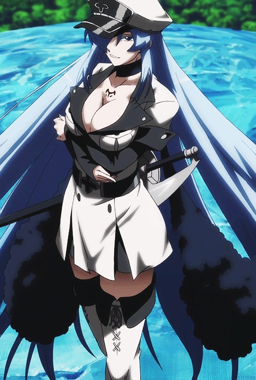 1girl akame_ga_kill! aqua_hair blue_eyes blue_hair boots breasts cleavage esdeath esdese hair_over_one_eye hat highres large_breasts long_hair looking_at_viewer military military_uniform peaked_cap skirt solo standing sword thigh_boots thighhighs thighs uniform very_long_hair weapon white_legwear