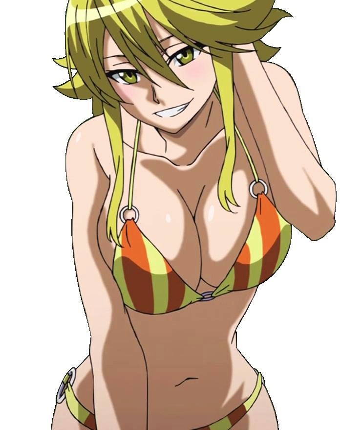 1girl akame_ga_kill! bikini blonde_hair blush breasts cleavage high_resolution large_breasts leone leone_(akame_ga_kill!) long_hair simple_background smile standing stitched swimsuit white_background yellow_eyes