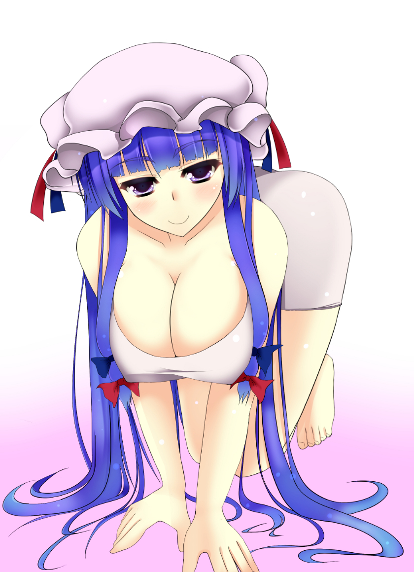 all_fours bare_arms bare_legs bare_shoulders blue_hair blush breasts cleavage collarbone dress gradient gradient_background hair_ribbon hanging_breasts hat hat_ribbon large_breasts long_hair looking_at_viewer mob_cap nitoridio on_floor patchouli_knowledge purple_eyes ribbon smile solo touhou tress_ribbon very_long_hair white_dress