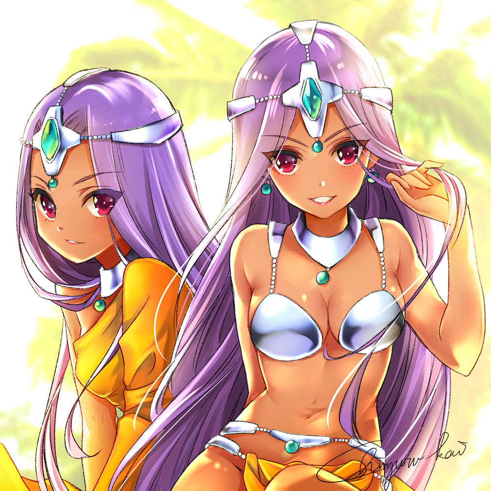 2girls arm_behind_back bare_arms bare_shoulders breasts circlet cleavage dark_skin dragon_quest dragon_quest_iv earrings eyes_visible_through_hair gem hand_in_hair hand_up jewelry lips loincloth long_hair looking_at_viewer manya medium_breasts midriff minea multiple_girls navel pelvic_curtain pink_eyes pink_lips purple_hair satochi_(1122) siblings signature sisters smile straight_hair twins very_long_hair