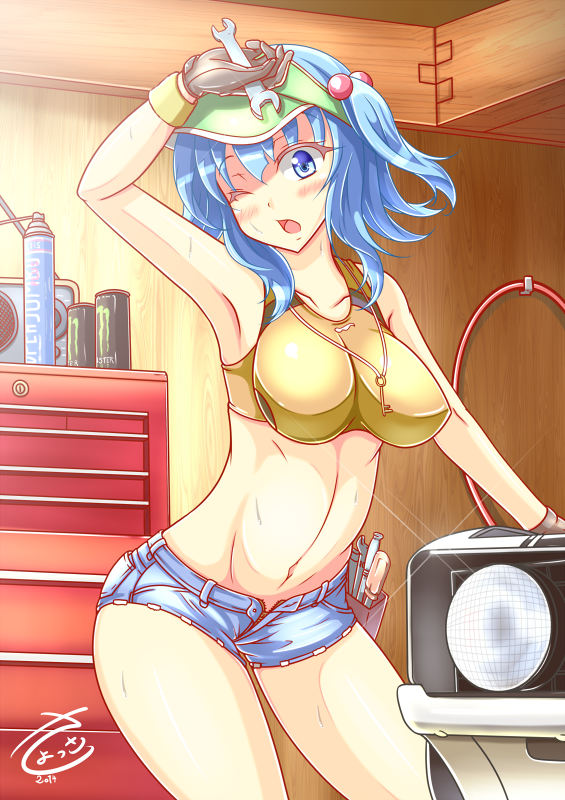 arm_support armpits bare_legs bare_shoulders blue_eyes blue_hair breasts brown_gloves can car collarbone combination_wrench cowboy_shot crop_top denim denim_shorts double_sided_wrench gloves ground_vehicle hair_bobbles hair_ornament hand_on_own_head hat headlight indoors jewelry kawashiro_nitori key key_necklace large_breasts looking_at_viewer midriff motor_vehicle navel necklace one_eye_closed open_fly radio sayossa_(pak-front) screwdriver short_shorts shorts solo standing stomach sweat tank_top taut_clothes thighs tool_kit toolbox touhou two_side_up unzipped visor_cap wrench wristband zipper