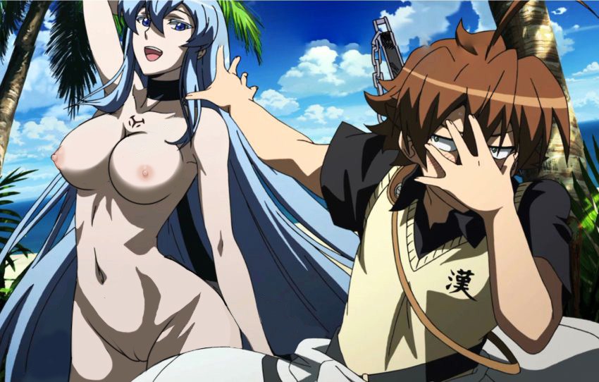 1boy 1girl akame_ga_kill! aqua_hair blue_eyes blue_hair breasts clothed_male_nude_female esdeath esdese general island large_breasts long_hair navel nipples nude nude_filter nudist photoshop small_nipples smile standing sword tatsumi_(akame_ga_kill!) tree uncensored very_long_hair weapon